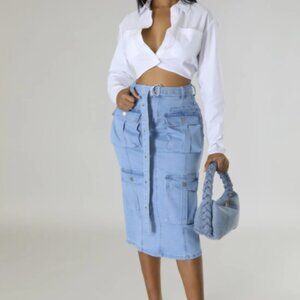 High-Waist Stretch Cargo Midi Skirt (Belted)